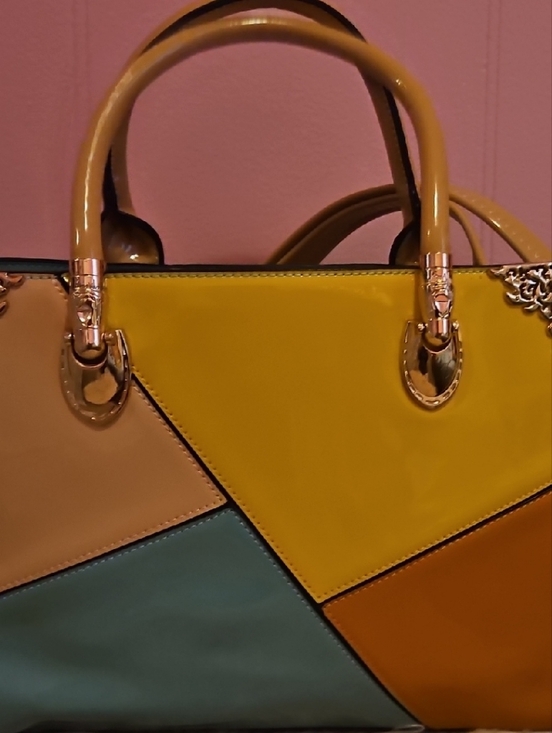Handbags - Colorblock Patent Leather Tote — Yellow, Teal & Tan